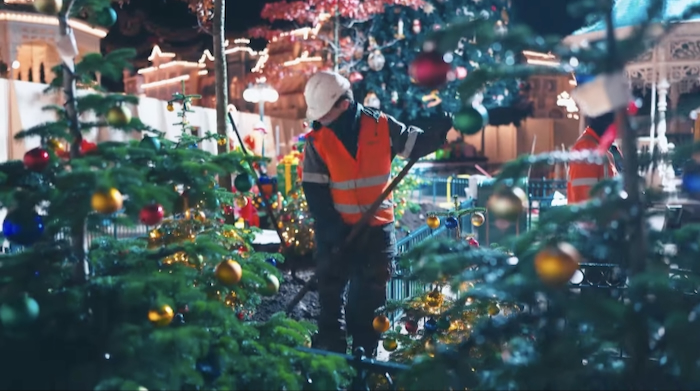 Disneyland Paris workers with sustainable Christmas trees